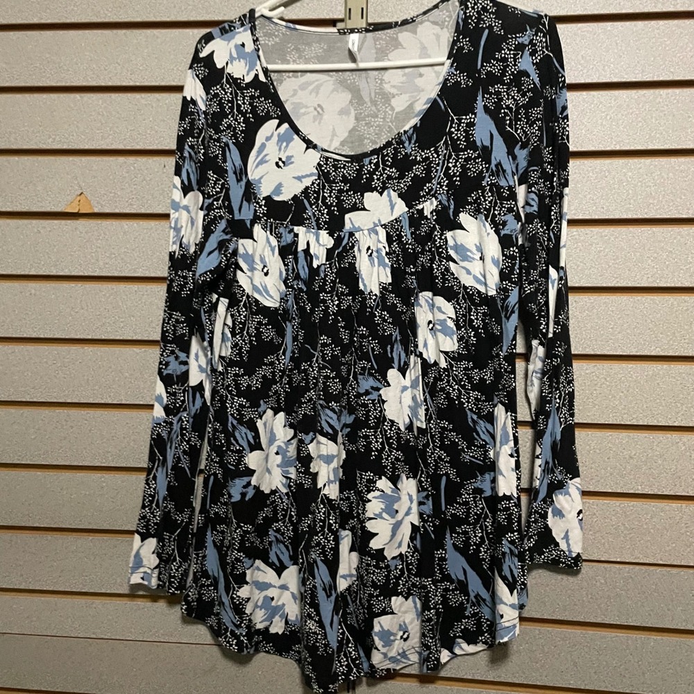 LONGYUAN Women Floral Print Long Sleeve Babydoll Top Black Blue White Size L